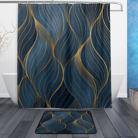 TTYFWHD 60" x 72" Shower Curtain and Bath Mat Set Blue-gold Lines Waterproof Bathroom Curtain with 12 Hooks, Bathroom Decor Set