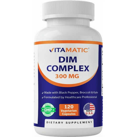 Vitamatic DIM Supplement Complex for Women & Men - 300mg - 120 Veg Capsules - Made with Black Pepper, Broccoli Powder & Kale Powder - Non-GMO & Gluten Free - Supports Hormonal Balance