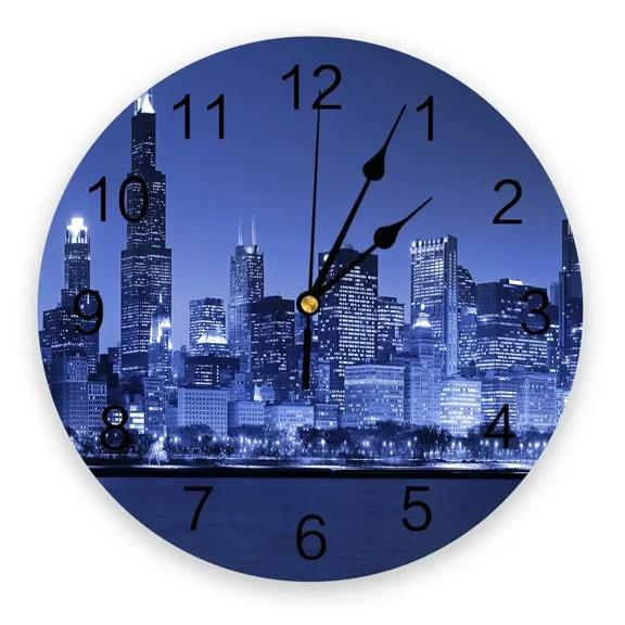 Chicago Nightscape Wall Clock Modern Design Living Room Decoration Kitchen Clock Mute Wall Watch Home Interior Decor(10 Inch)