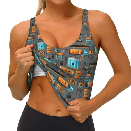 Qokaie Industrial Transportation Pattern Womens Scoop Neck Sports Bra Breathable Workout Vest Padded U Back Medium Impact Fitness Gym Yoga Bra Workout Crop Top