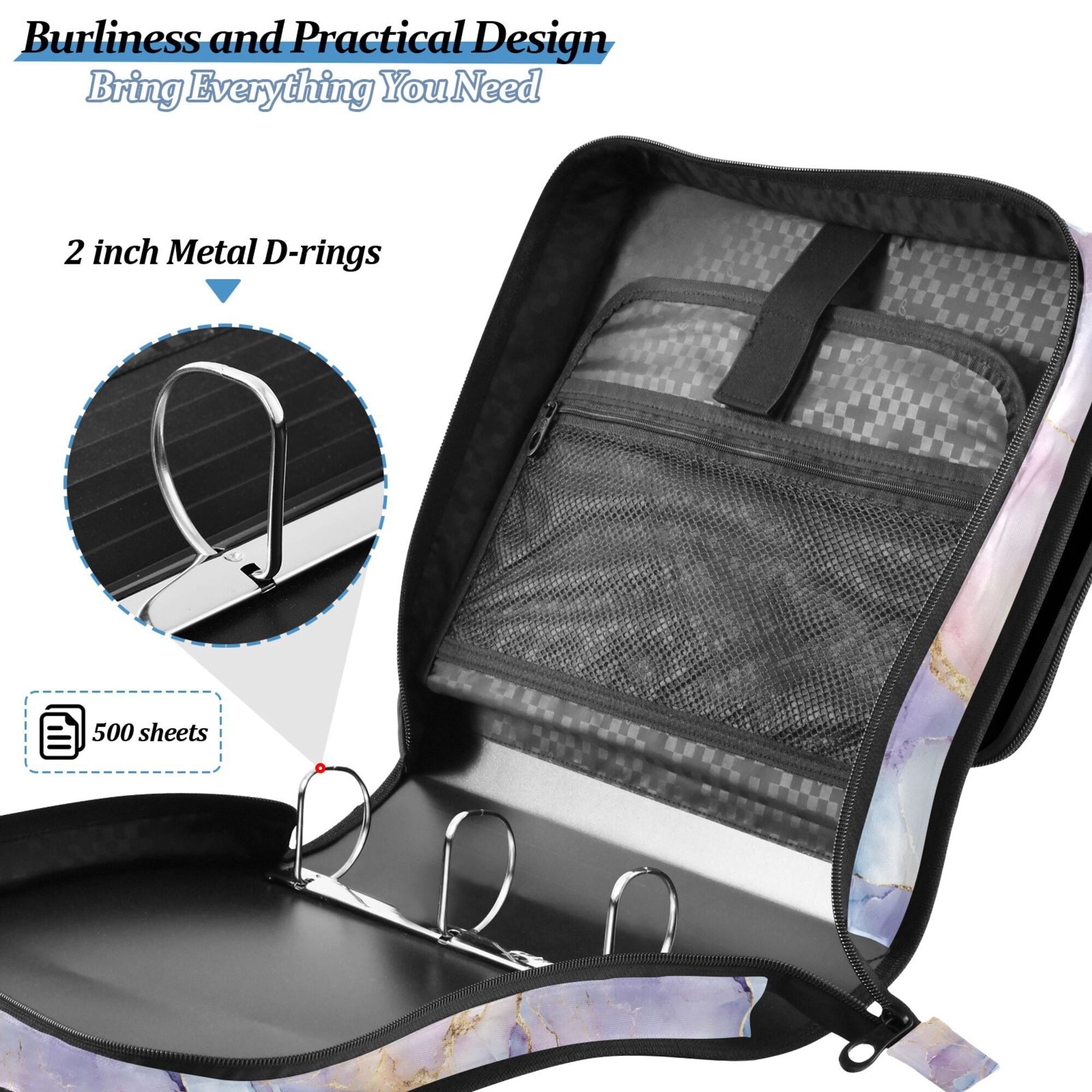 FORMRS Zipper Binder with Shoulder Strap 2-inch Ring 500 Sheet Capacity File Bag, Purple Marble Pattern