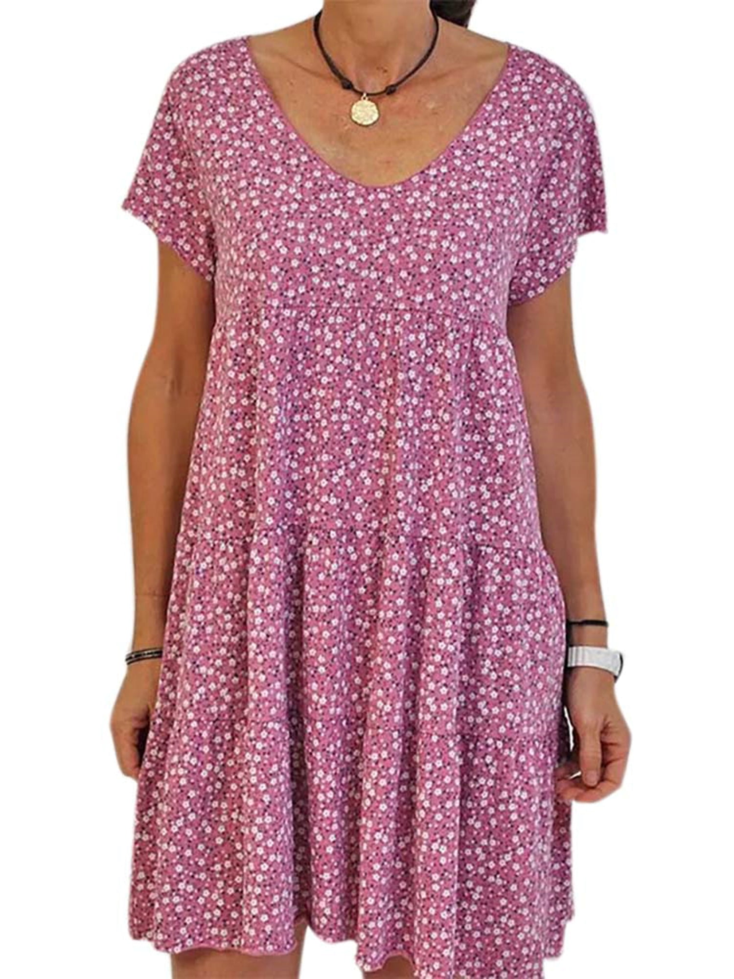 Women's Summer Plus Size Floral Short Sleeve Mini Dress Loose Swing ...