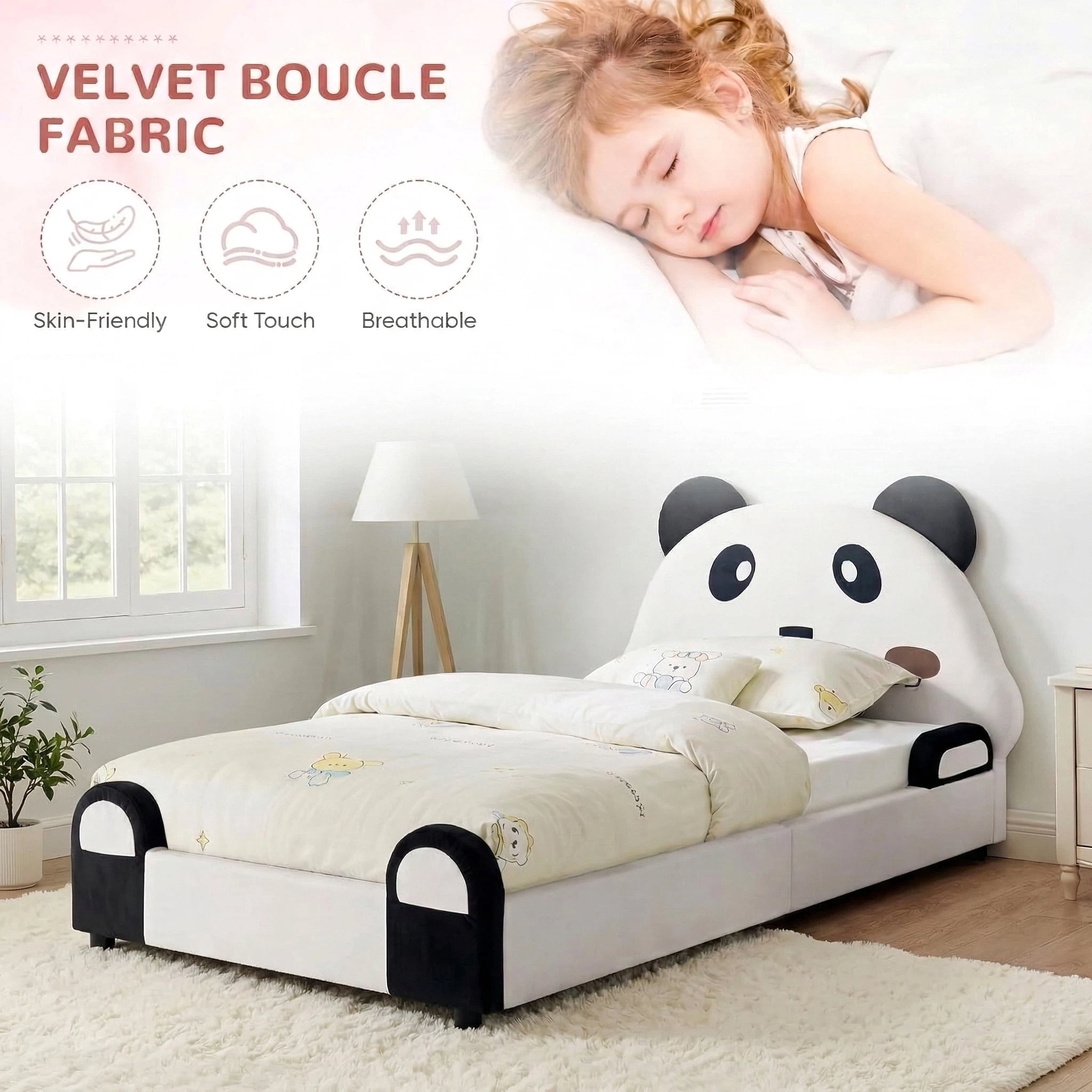 Aisword Twin Size Kid Bed with Panda Headboard, Upholstered Velvet Fabric Twin Daybed with Slats Support, Space-Saving Wooden Corner Sofa Couch Day Bed Frame for Girl, Boy, Teenager