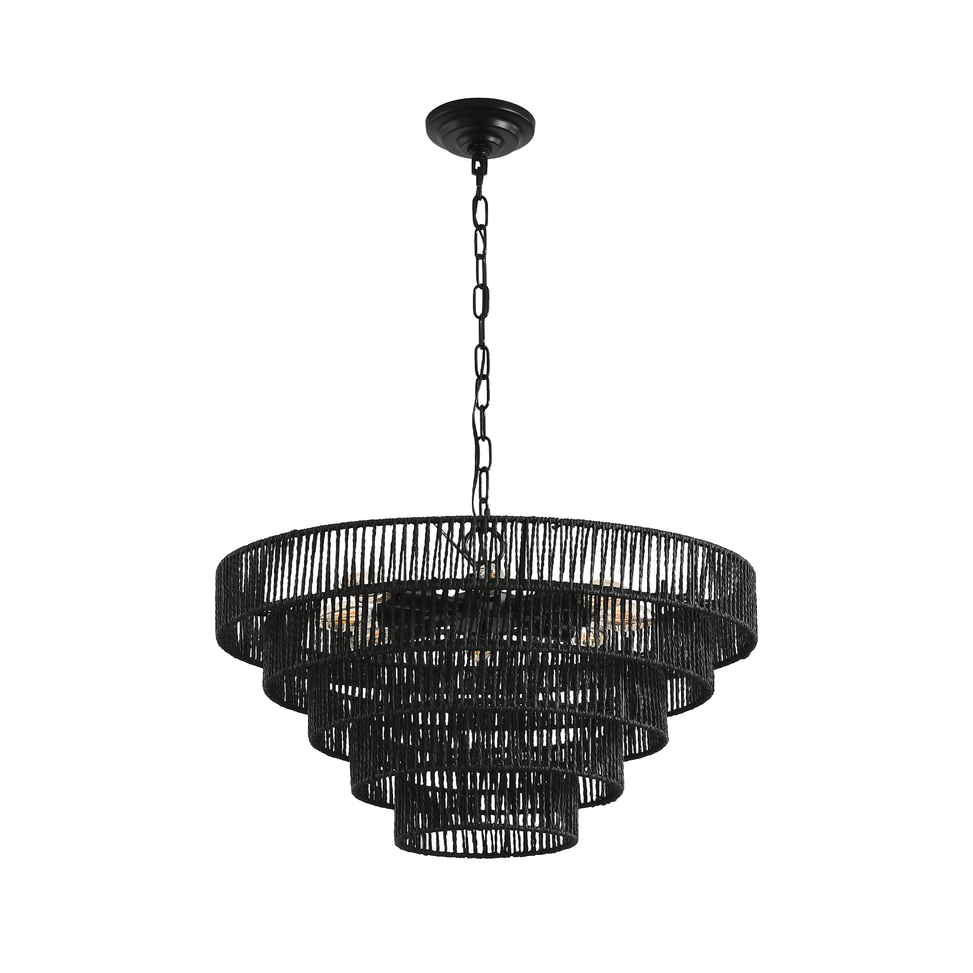 Jopath 24" Rustic 5-Tier Black Hemp Rope Pendant Light Chandelier with 8 E12 Sockets, Boho Farmhouse Ceiling Fixture for Dining Room, Kitchen, or Entryway (Bulb Not Included)