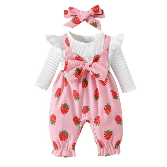 XAOFW Kids Romper Jumpsuit Girls Long Sleeve O-Neck Strawberry Print Headband Outfit Playwear Toddlers Ribbed Soft Cozy Casual Daily Wear Onesie