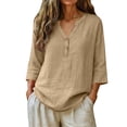 thumbnail image 3 of 3/4 Length Sleeve Womens Tops Plus Size Cotton Linen Shirts V-neck Casual Loose Fit Button Down Blouses Dressy Work Beach Vacation Early Fall Clothes, 3 of 7