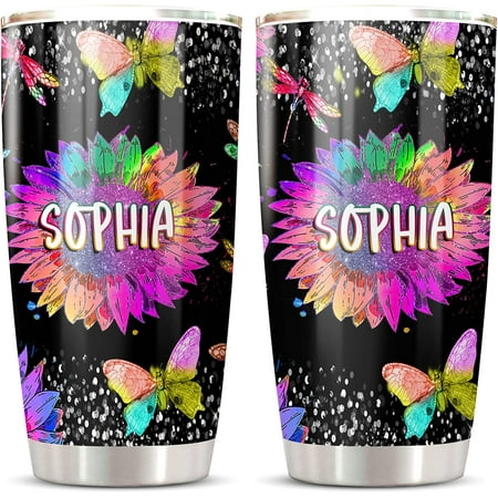 

Athenstics Dragon Fly Tumbler - Personalized Rainbow Sunflower Tumblr DragonFly Gifts For Wife Mom Mother Daughter Sister Customized Travel Coffee Mug Black Themed Metal Tumbler