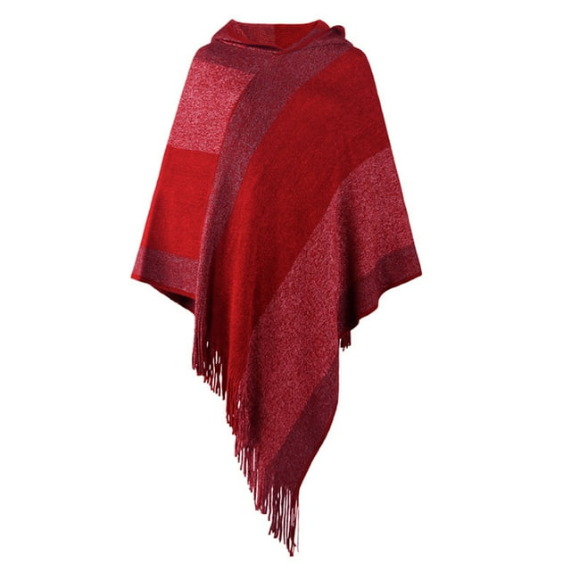 Qarigey Poncho de invierno para mujer, Jersey de punto a rayas con capucha, chal, fiesta, viaje, fiesta en la playa, accesorios para fotos, bufanda para Abrigos y chamarras Rojo Qarigey AP013309-02