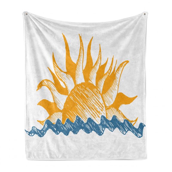 Modern Soft Flannel Fleece Throw Blanket, Source of Life Sun Like Beams and Wave Like Clouds Image Print Illustration, Cozy Plush for Indoor and Outdoor Use, 60" x 80", Yellow Blue, by Ambesonne