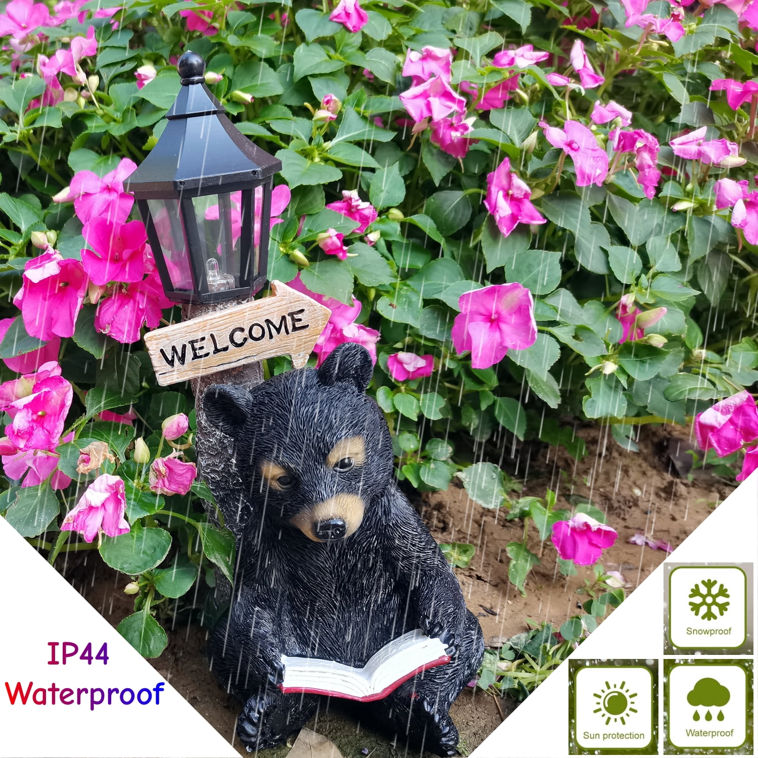 Outdoor Decor Bear Statues with Welcome Sign, Resin Bear Sculpture for Yard Patio Porch, Solar Animal Figurine Light Garden Decoration