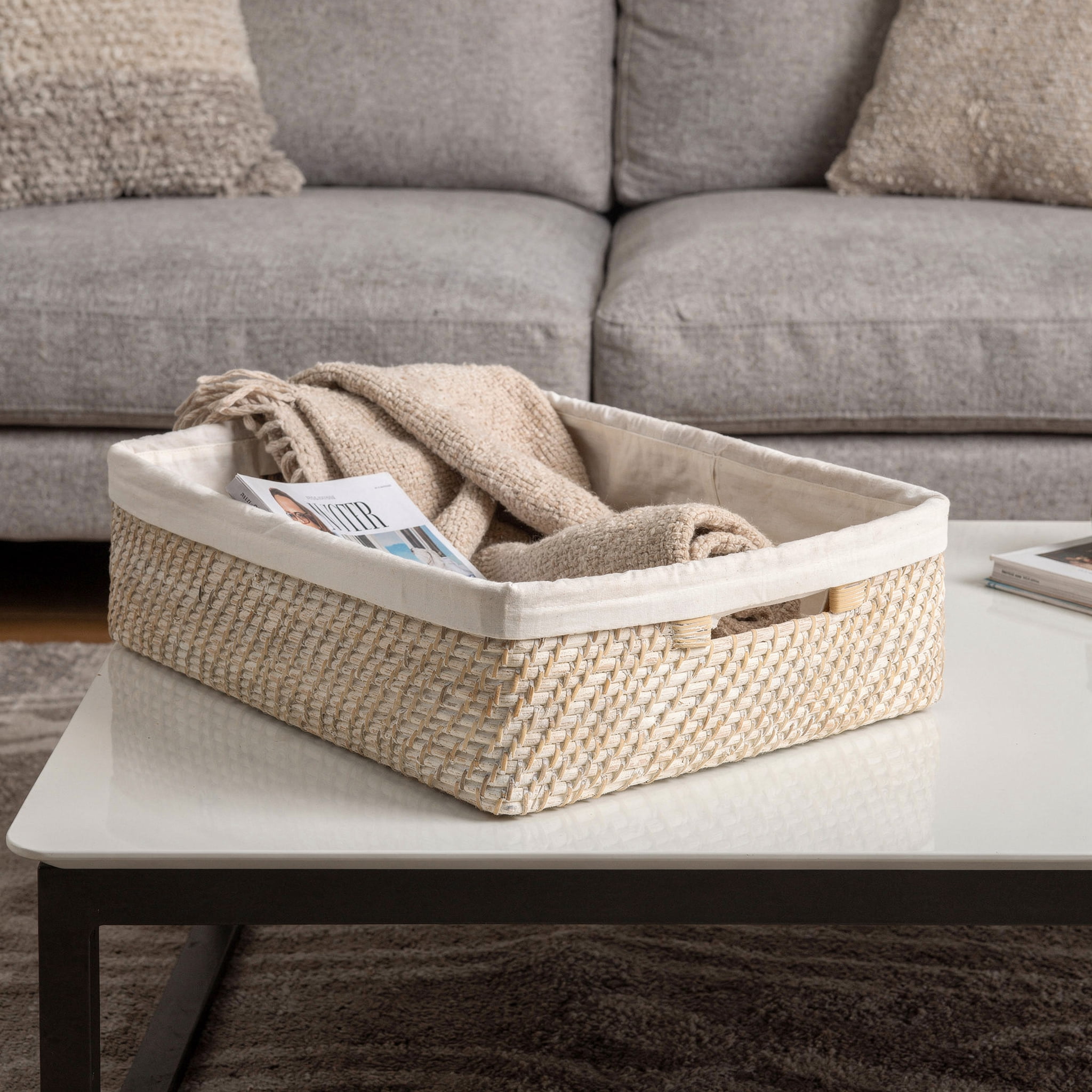 Kouboo Laguna Rattan Shelf Basket with Liner, Decorative Storage Basket, Organizer For Shelves, Latte