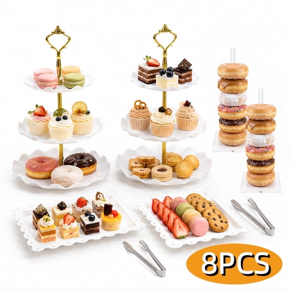 Cake Stand Cupcake Tower Food Display Risers for Party Plastic Dessert Table Stand Donut Stands Steel Tongs Cookie Trays for Wedding Baby Shower Tea Party Set 1
