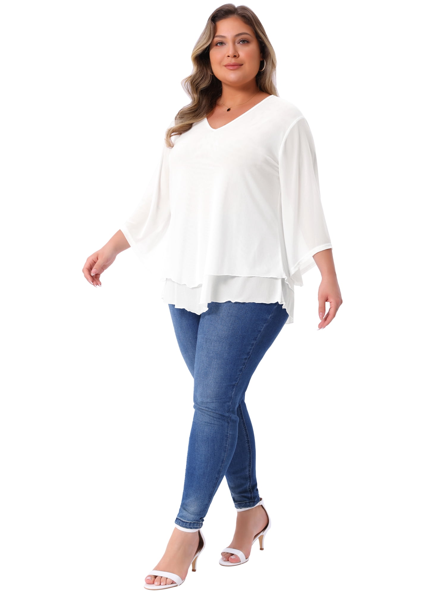 Women's Plus Shirt 3/4 Sleeve Scoop Neck Double Layers Blouse Top 3X White