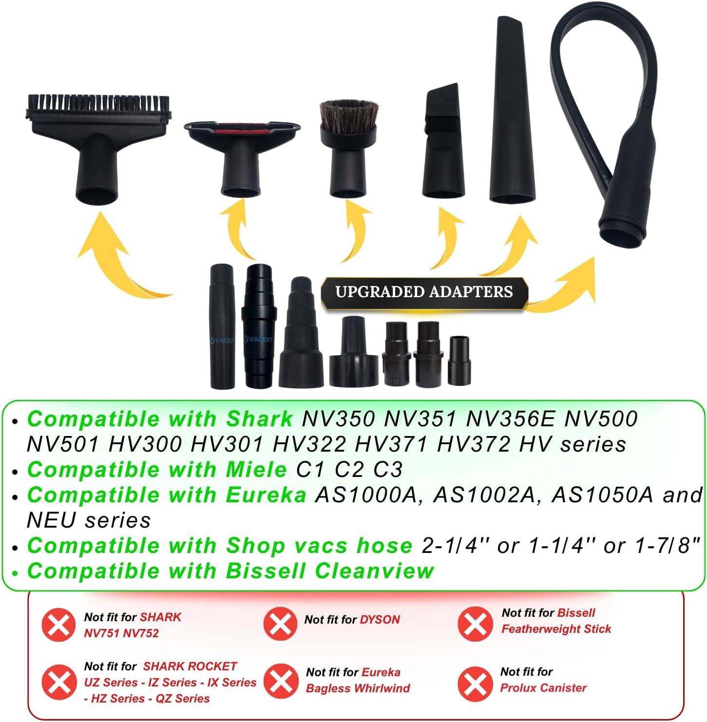 Replacement Vacuum Attachments & Brushes plus Universal Adapter Kit Compatible with Shop Vacs 2-1/4'' 1-7/8'' 1-3/8'' 1-1/4 Inch- Flexible Vacuum Crevice Attachment Tool for Shop Vac Accessories