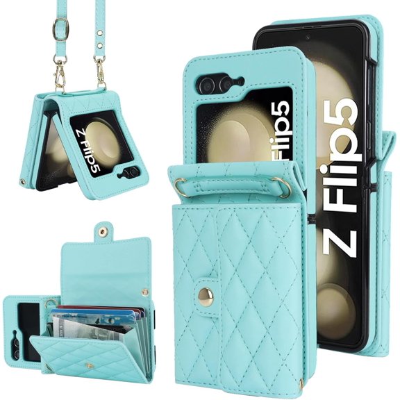 Women Wallet Purse for Samsung Galaxy Z Flip 5 5G Case Crossbody with Credit Card Holder Strap Lanyard RFID Blocking Protection Flip Leather Zipper (Green, Z Flip 5)