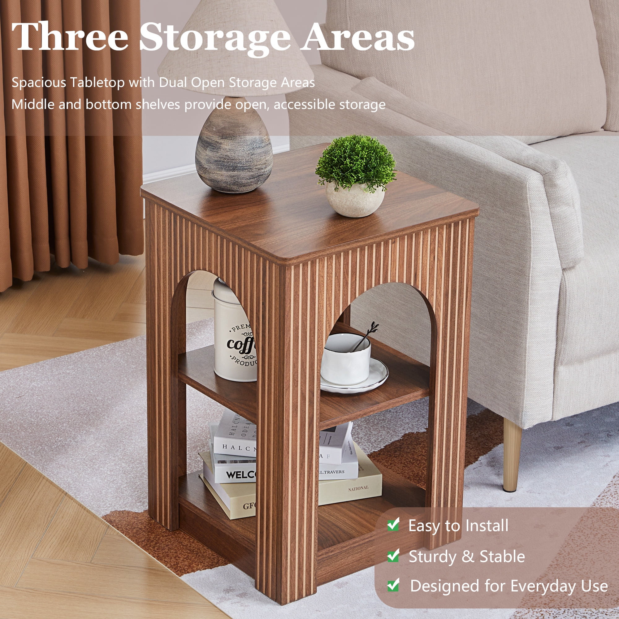 Wirrytor Arch End Table for Living Room with Open Storage Shelves, Side Table for Small Spaces, Chic Arched Design, Small Accent Tables,Couch Side Table, Nightstand for Badroom, Walnut