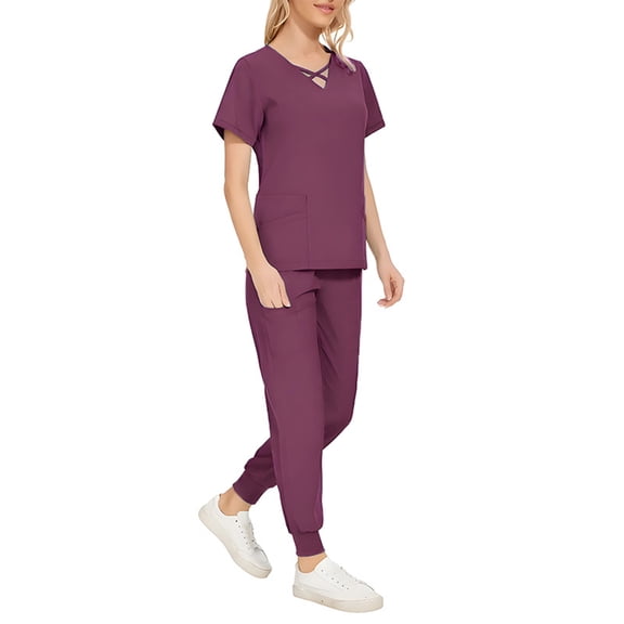 Scrubs for Women Set - V-Neck Scrub Top & Jogger Pant with Pockets, 4 Way Stretch Nurse Uniform Wine M