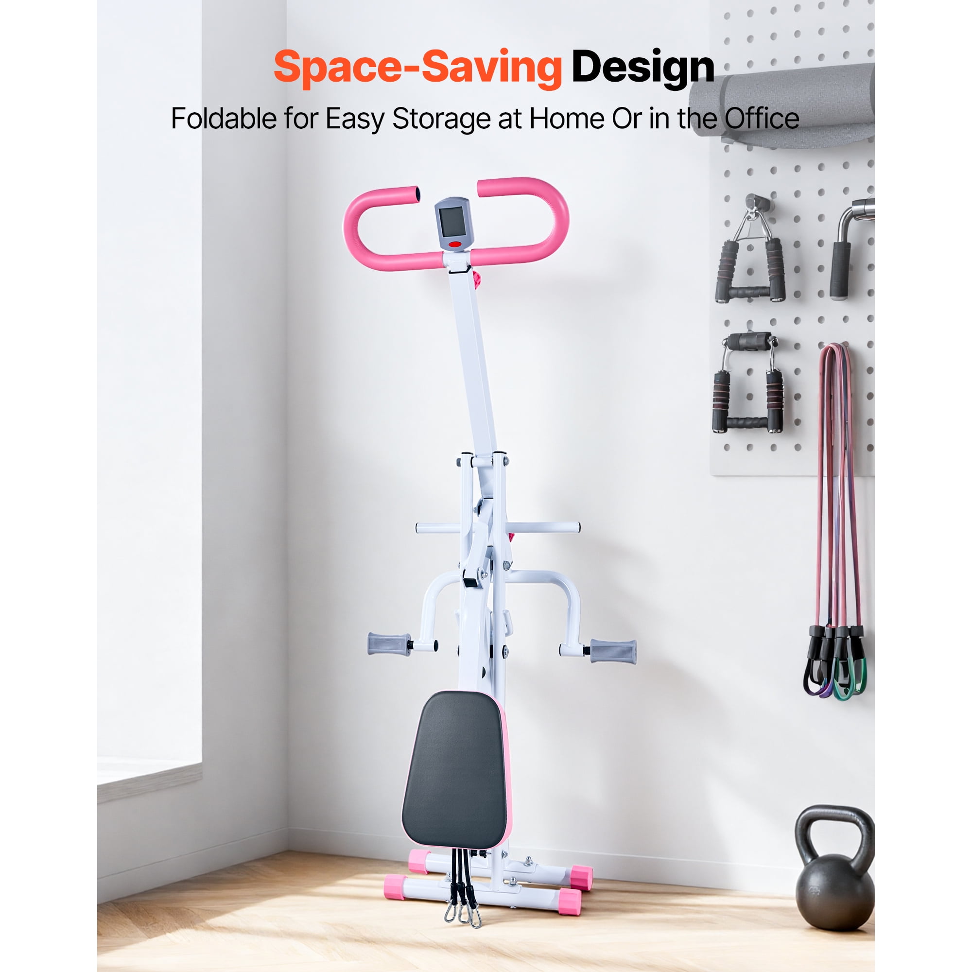 KFFKFF Foldable Squat and Rowing Machine for Home Workouts, Compact Exercise Equipment with 3 Durable Resistance Bands, Glute and Leg Training Machine, White