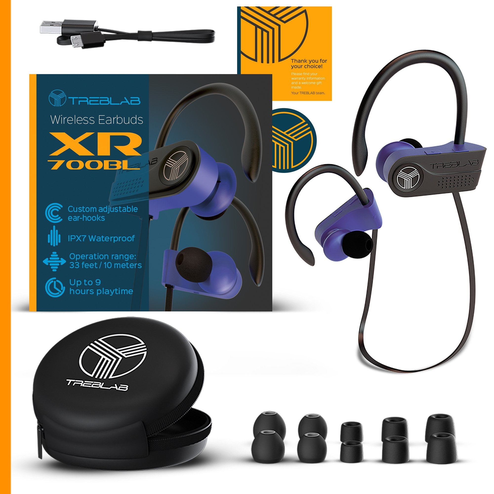 TREBLAB XR700 Wireless Bluetooth Earbuds for Running, IPX7 Waterproof and  Sweat Proof Sports Earphones with Adjustable Ear Hooks, Long 9H Playtime,  