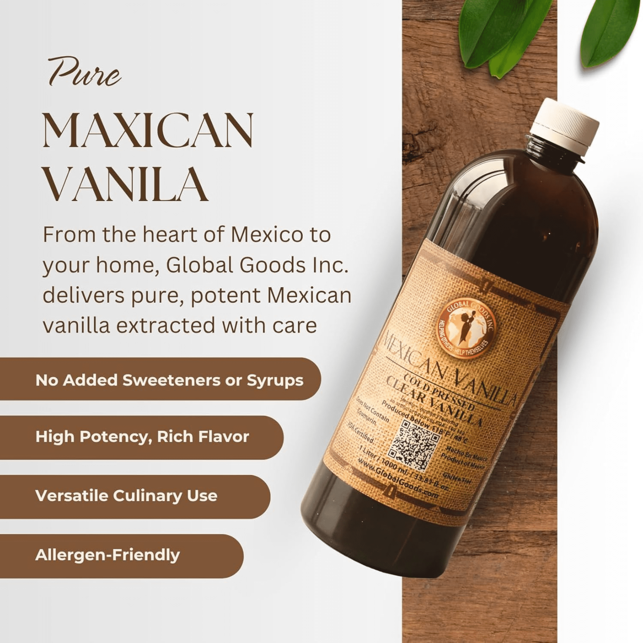 Pure Clear Mexican Vanilla Extract Gluten Free, Coumarin Free Vanilla for Baking 33.81 fl oz bottle