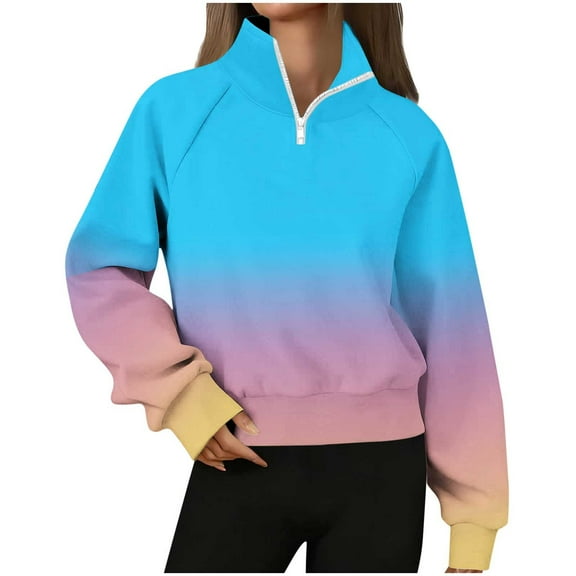 Womens Fleece Fall Clothes, Zip Up Sweatshirts for Women Fashion Loose Fit Warm Ombre Tie Dye Lapel Long Sleeve Pullover
