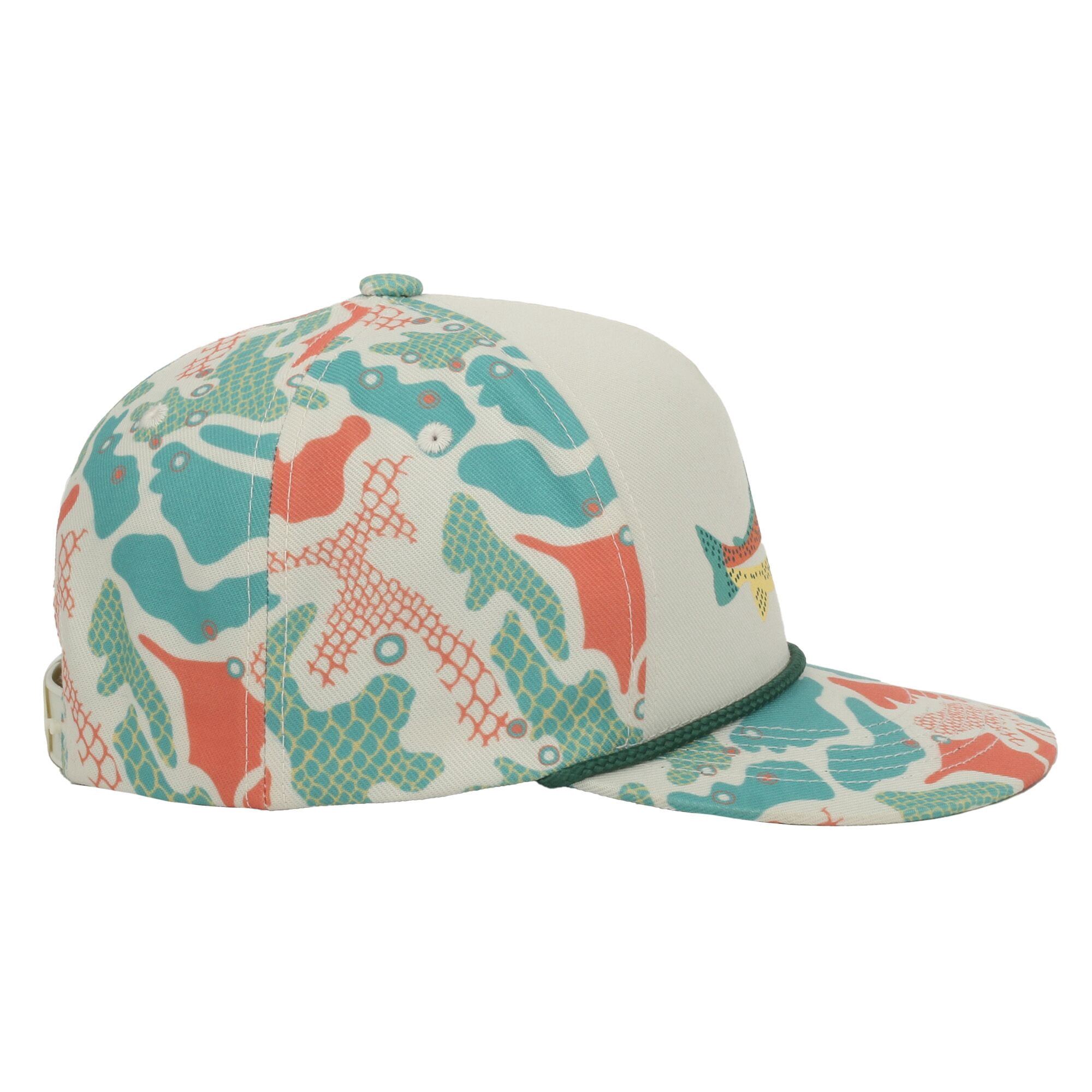 Outdoor Cap Trout Fishing 5-Panel Structured Hat – Flat Visor with Rope, Sublimated Camo Print, Ivory, One Size