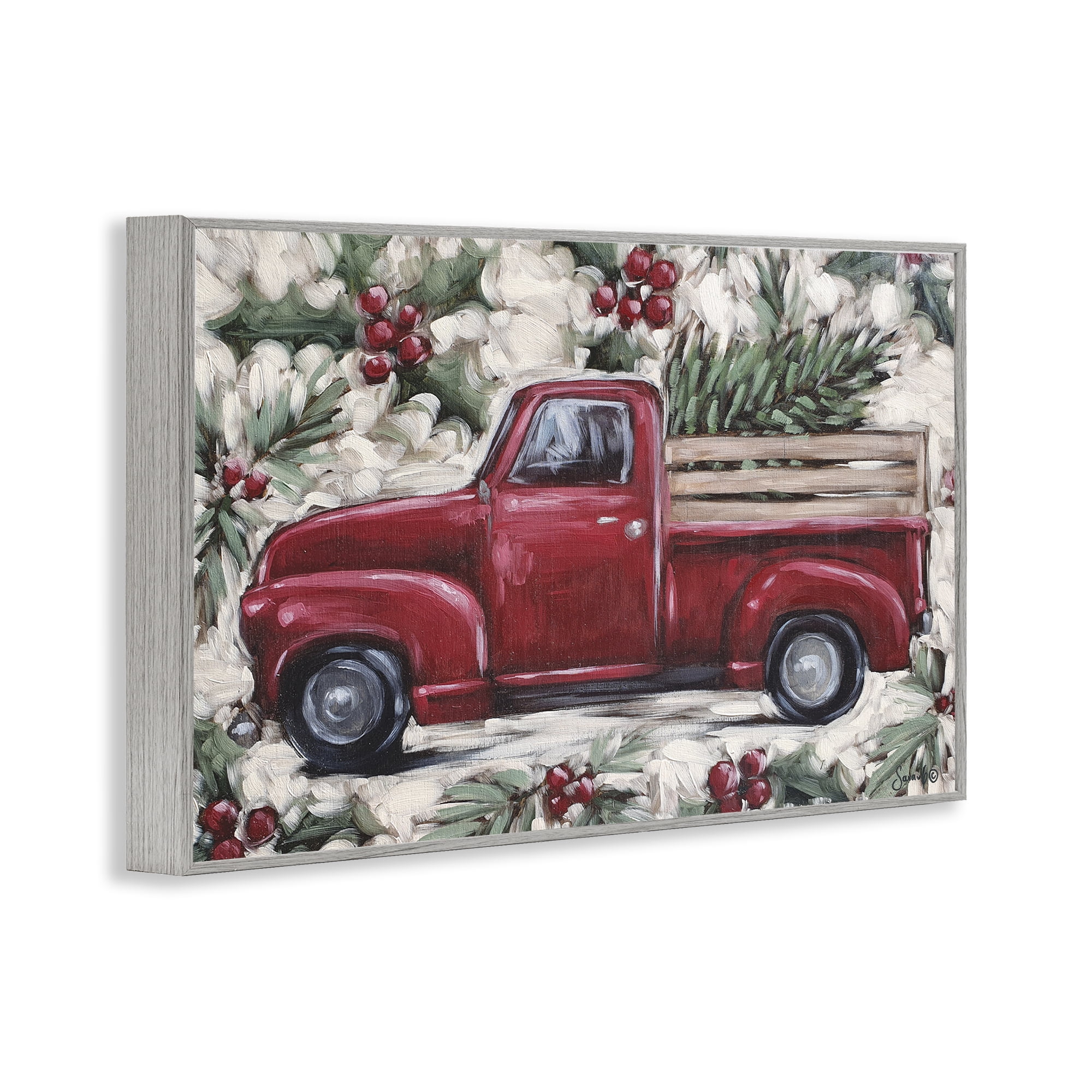 Stupell Industries Pickup & Festive Holly Holiday Painting Gray Framed Art Print Wall Art, 18 x 12