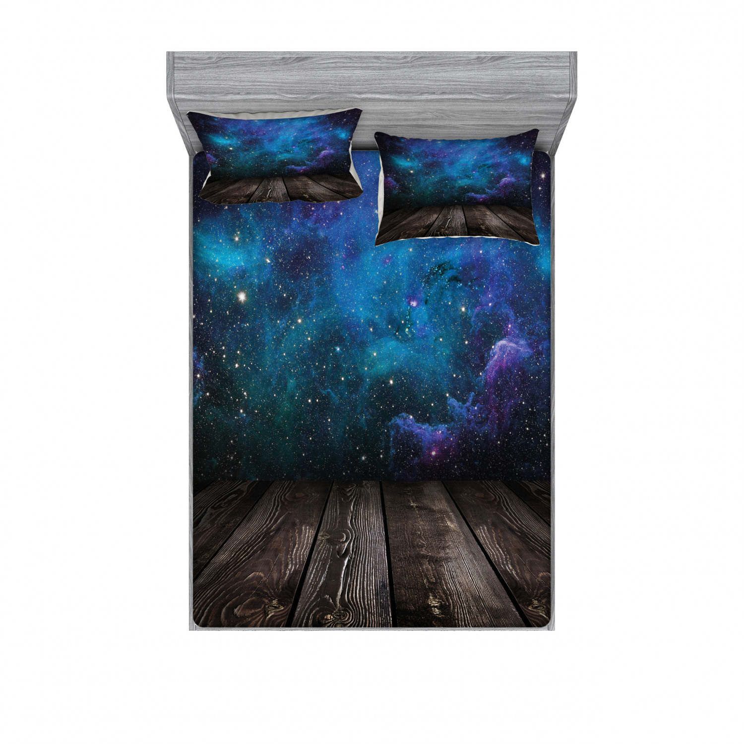Galaxy Bedding Set with Sheet & Covers, Outer Space View from Rustic Wooden Deck Blue Nebula