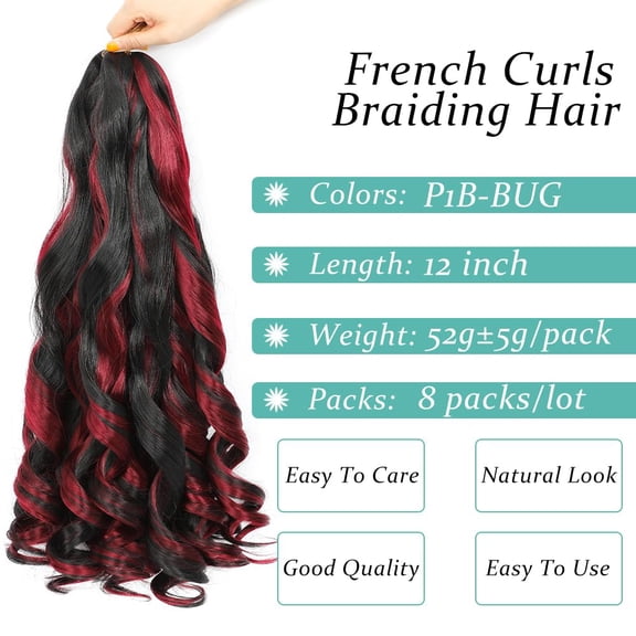 FGERFE-French Curl Braiding Hair, 12 Inch Curly Braiding Hair 8 Packs Bouncy French Curl Crochet Braids for Black Women Pre Stretched Loose Wavy Extensions (P1B/BUG, 12Inch)