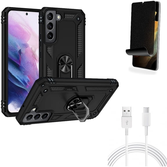 10ft USB-C Cable & Privacy Screen Protector & Hybrid Case Cover for Samsung Galaxy S22 Plus (S22 ) - Combo Type-C Charger Cord Power & TPU Film (Fingerprint) Anti-Peep & Metal Ring Kickstand