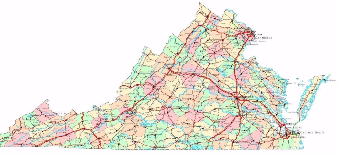 Virginia State Road Map City County Richmond Va-12 Inch BY 18 Inch