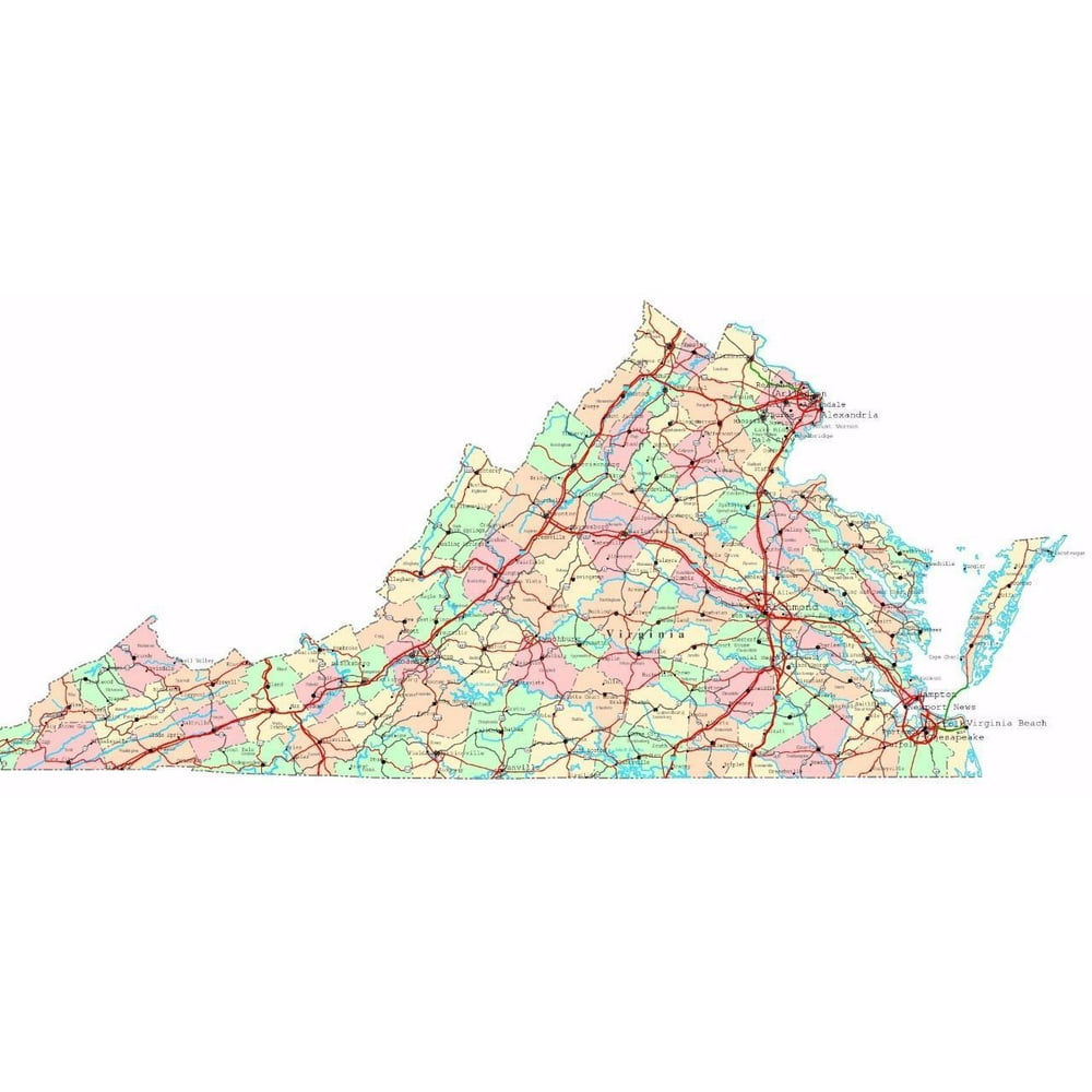 Virginia State Road Map City County Richmond Va-12 Inch BY 18 Inch ...