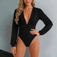 thumbnail image 2 of larppty Women's Sexy Ruched Deep V Neck Long Sleeve Bodysuit Plunging Neckline Leotard Shirts（Black， XL）, 2 of 9