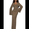 thumbnail image 1 of Vestido de Invitada de Boda para Mujer, Larga, Ajustado, de Punto Acanalado, Maxivestido Formal de Otoño Caqui XL, 1 of 9