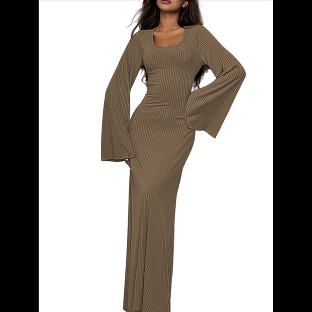 Vestido de Invitada de Boda para Mujer, Larga, Ajustado, de Punto Acanalado, Maxivestido Formal de Otoño Caqui XL