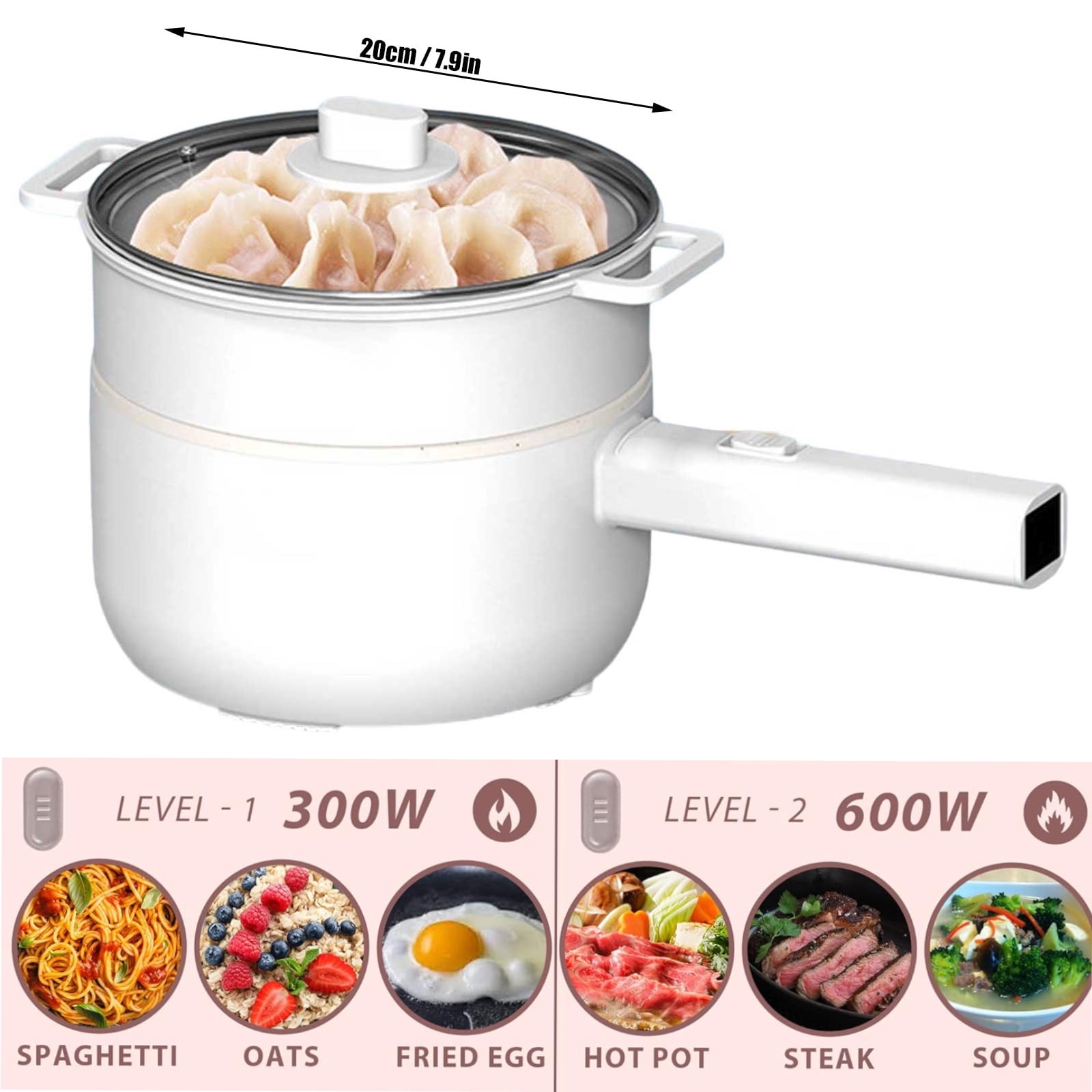Electric Hot Pot with Steamer, 2L Ceramic Glaze Non-stick Mini Electric Pot, Portable Electric Hot Pot for for Steak, Egg, Fried Rice, Ramen, Oatmeal, Soup with Dual Power Control,White
