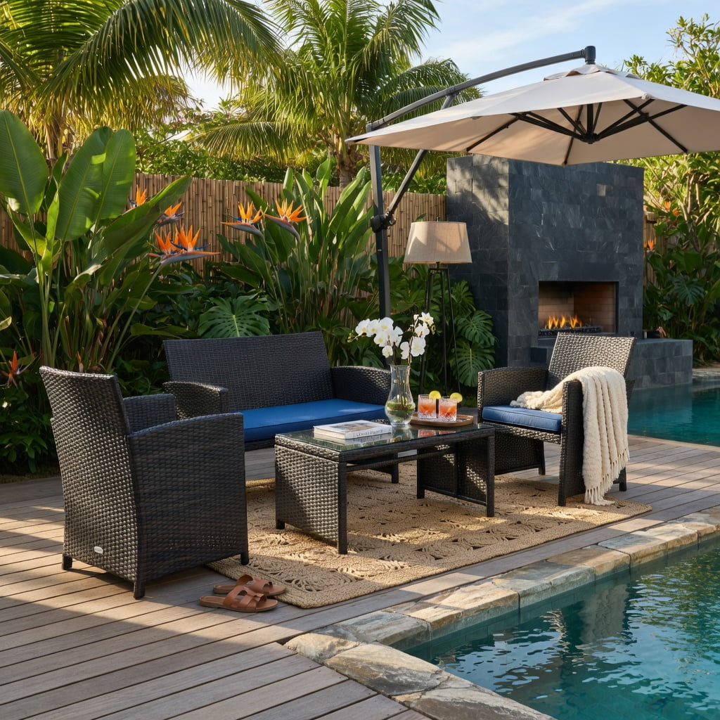 Hommoo 4-Piece Outdoor Rattan Patio Furniture Set with Cushions, Tempered Glass Coffee Table, Loveseat & 2 Chairs, Weather-Resistant Wicker Seating for Patio, Poolside & Deck, Navy