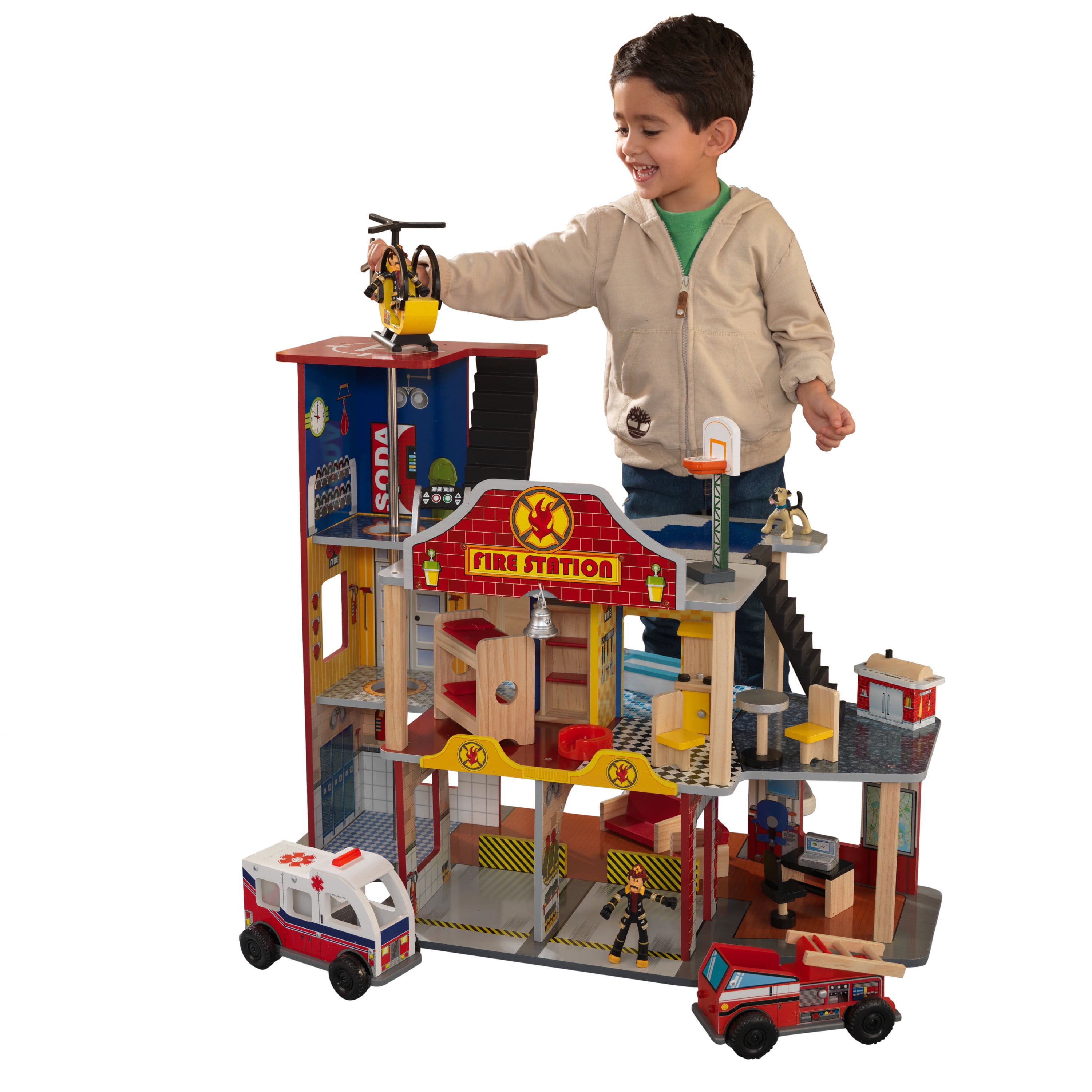 KidKraft Wooden Fire Station Set, 360 Degree Play, Working Garage 