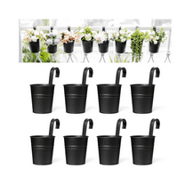 8Pcs Iron Hanging Flower Pots, TRIANU 4" Black Balcony Garden Railing Planter Pots, Durable Fence Patio Planter with Detachable Hook and Drainage Hole for Indoor Outdoor