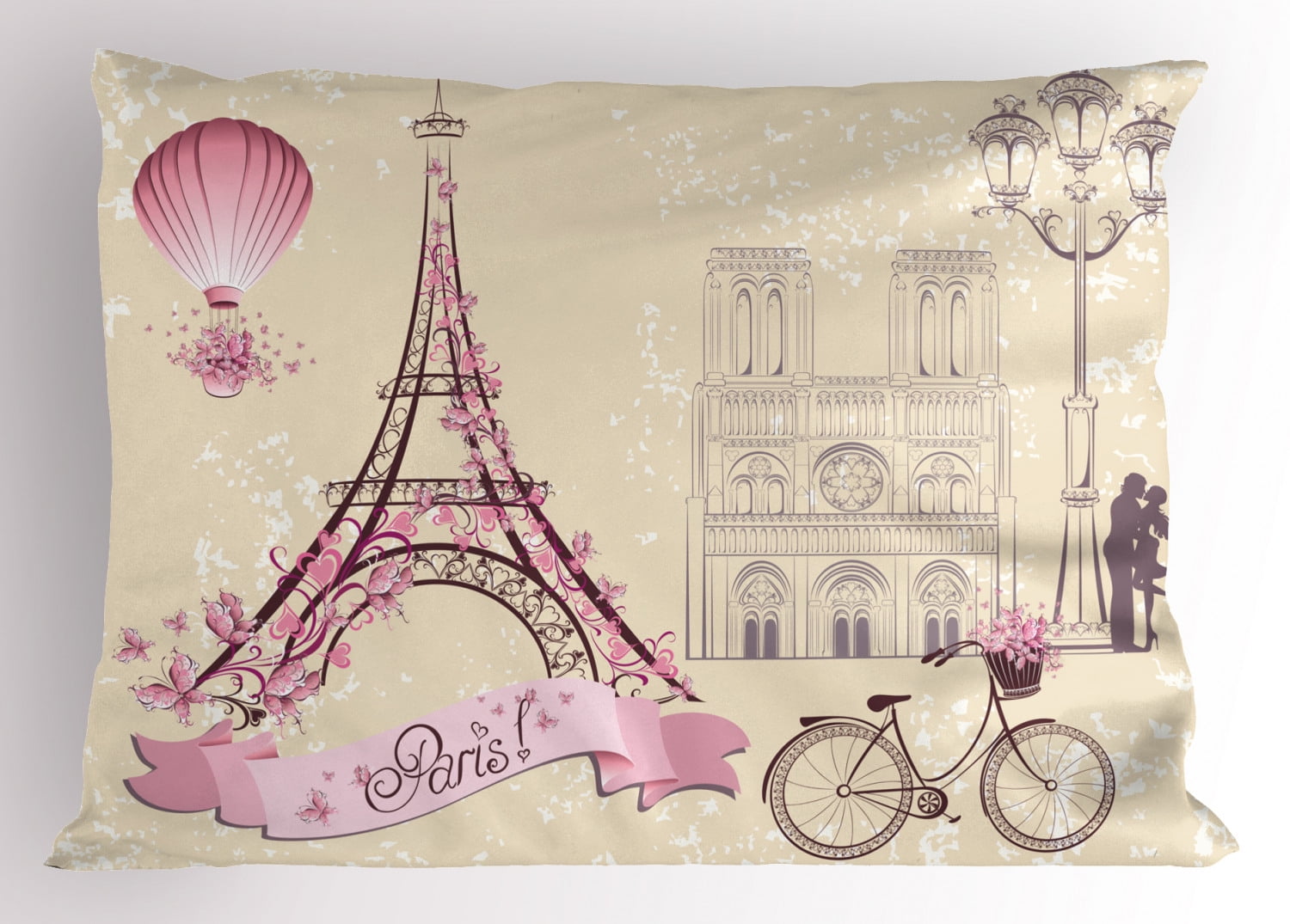 Kiss Pillow Sham Floral Paris Symbols Landmarks Eiffel Tower Hot Air Balloon Bicycle Romantic Couple, Decorative Standard Size Printed Pillowcase, 26 X 20 Inches, Ivory Pink, by Ambesonne