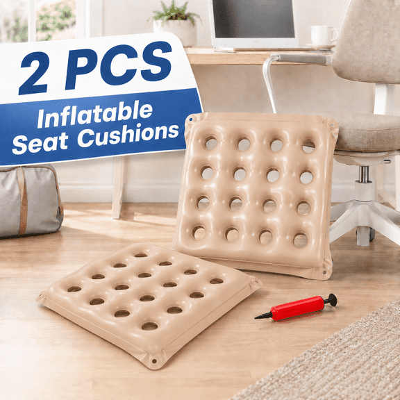 VALUNE 2-Pack Beige Inflatable Seat Cushions, 18 Inch 16-Hole Waffle Air Cushion with Pump, Pressure Relief Pad for Wheelchair Chair Car