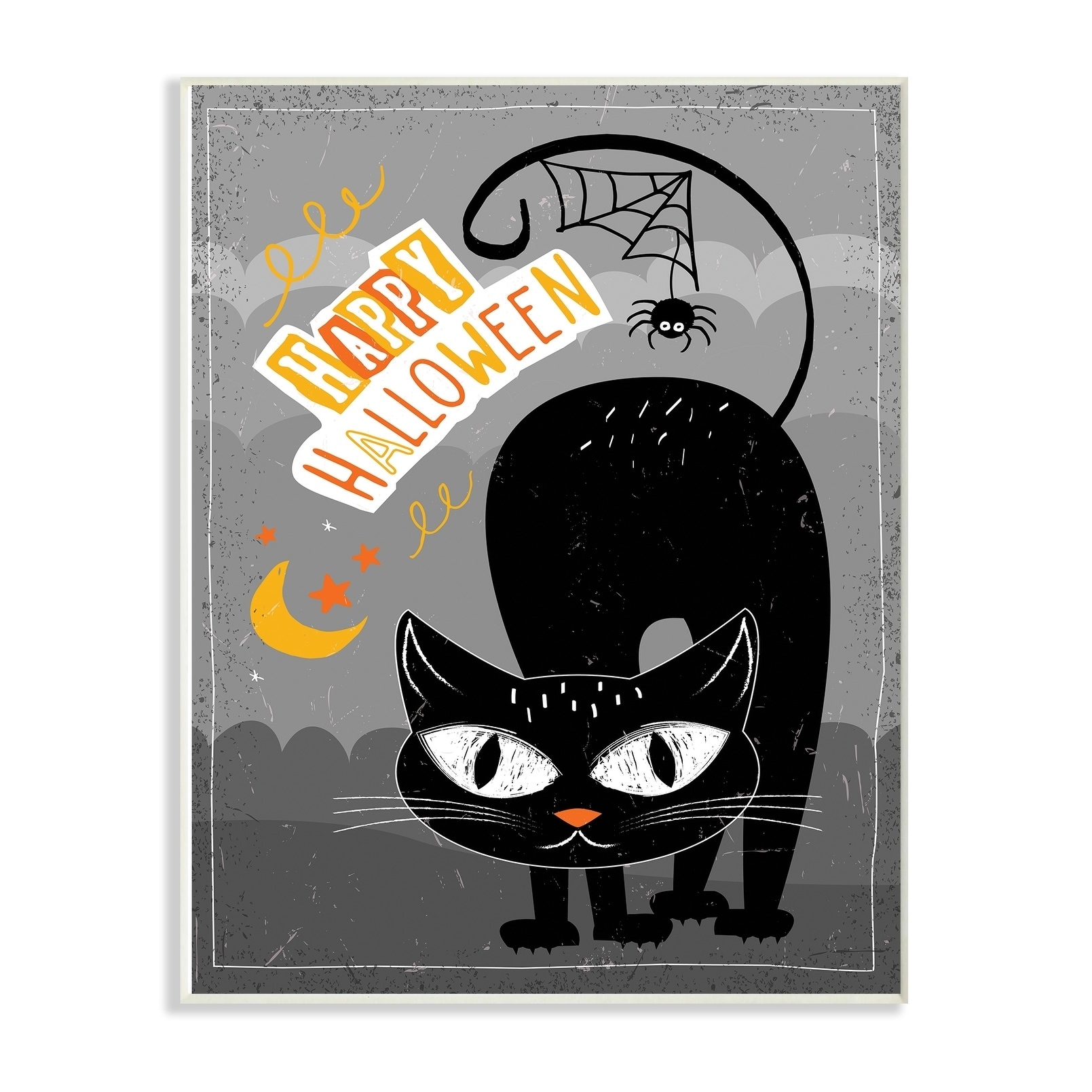 The Stupell Home Decor Collection Black Orange and Grey Happy Halloween Black Cat with Spider Web Tail ad Moon Wall Plaque Art, 10 x 0.5 x 15