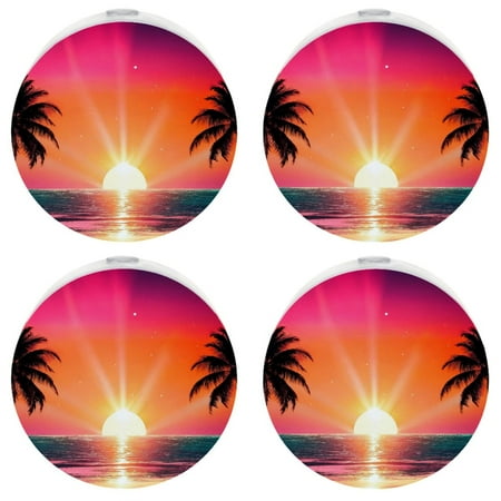

Plug in Led Night Light with Auto Dusk to Dawn Sensor White Nightlights for Hallway Bedroom Kids Room Kitchen Stairway 4 Pack Tropical Landscape Beach Coconut Tree Ocean Sunrise