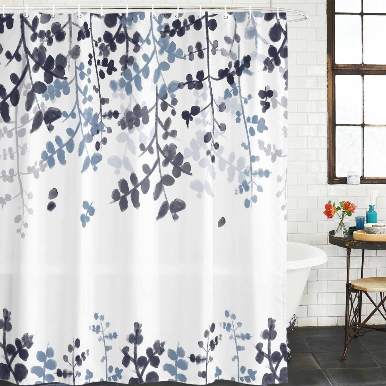 Navy Blue Leaves Shower Curtain, Waterproof Shower Curtains for Bathroom, Summer Botanical Washable Fabric Bathtub Curtain Set Bath Decor with 12 Hooks 48"x72"