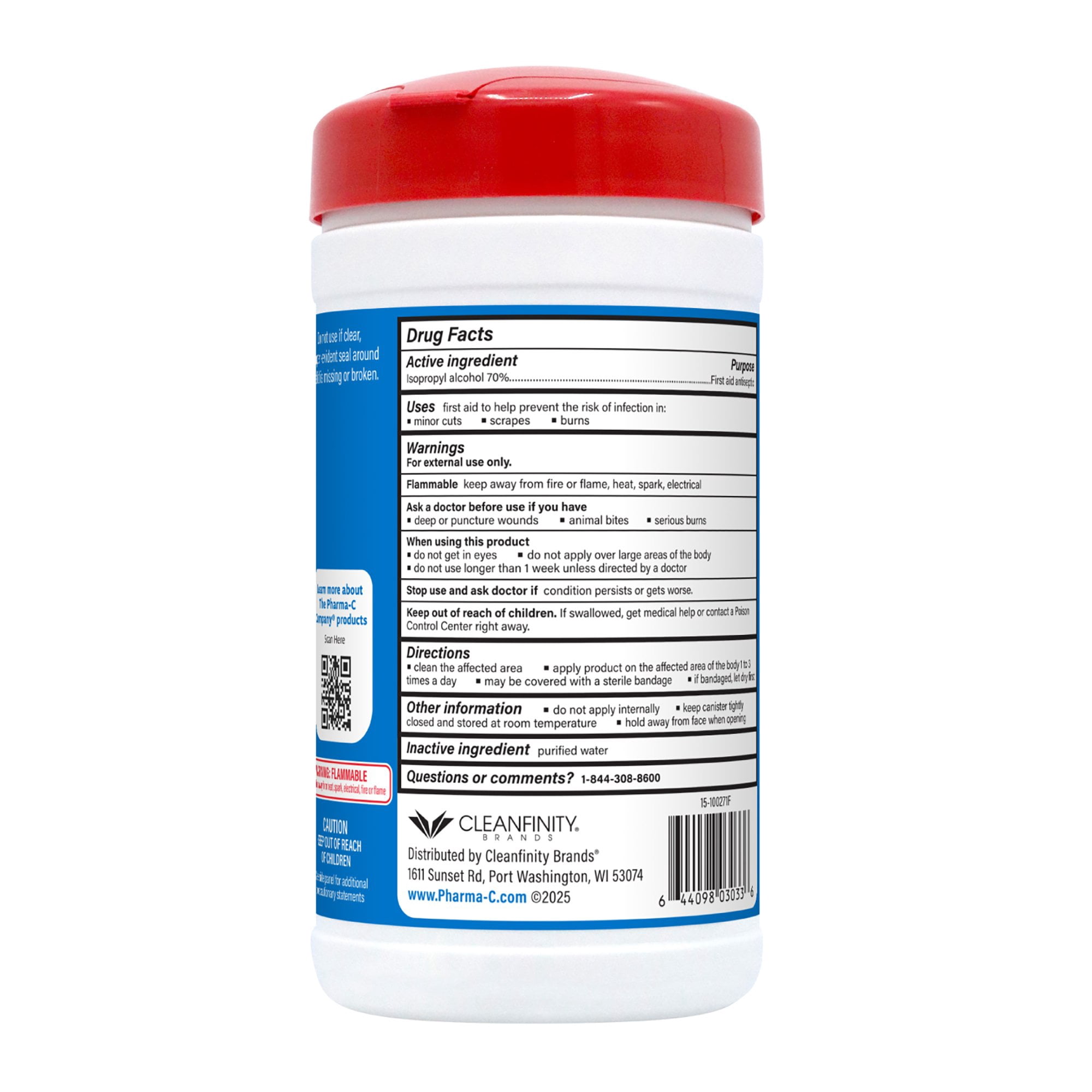 Pharma-C-Wipes 70% Isopropyl Alcohol Wipe, Antiseptic Skin Wipe, 5.6 Inches x 7 Inches, 40 Wipes per Canister, 6 Canisters