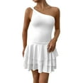 thumbnail image 3 of Women'S One Shoulder Smocked Shirred Tiered Ruffle Sleeveless A-Line Mini Dress White L, 3 of 9