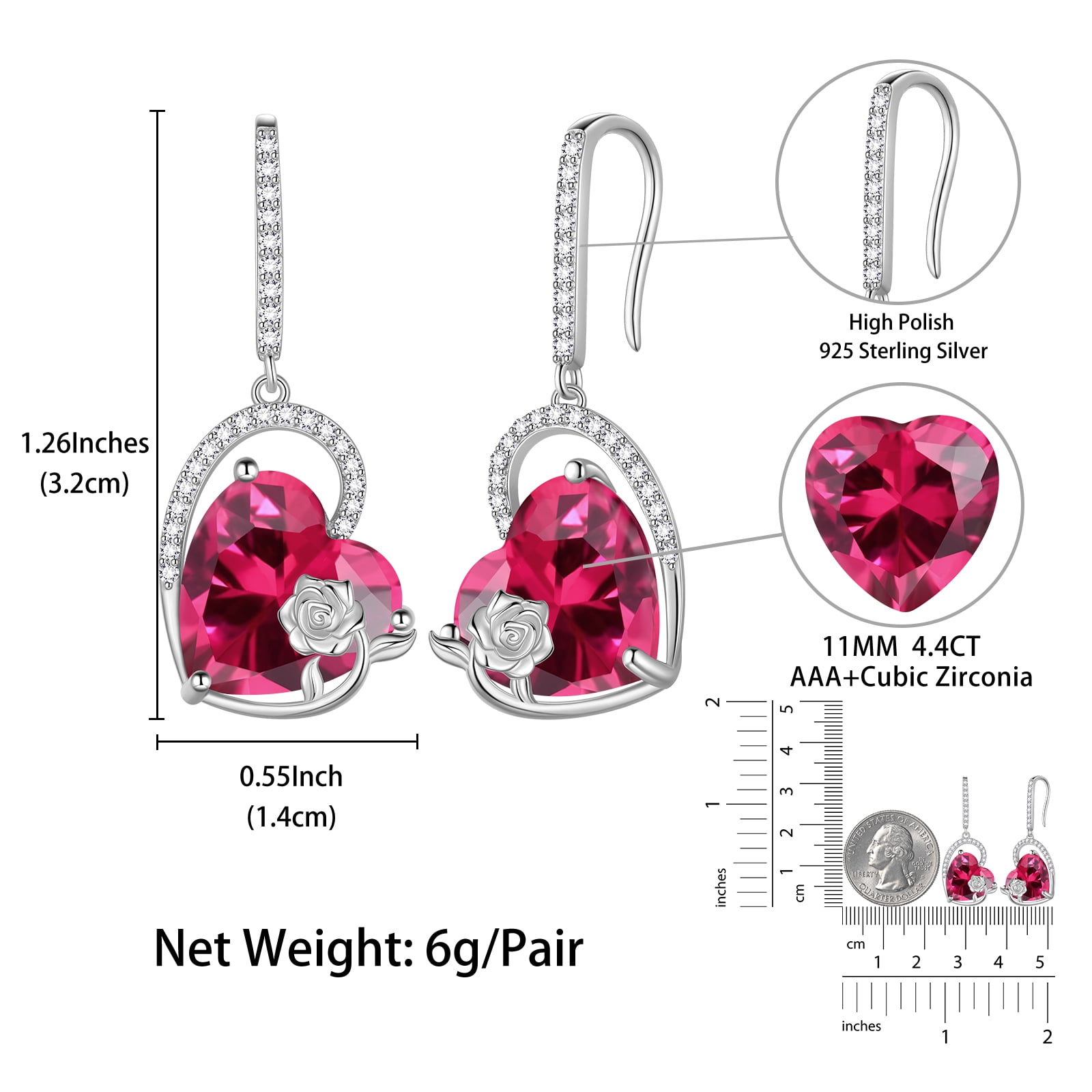 Juwaliy 925 Sterling Silver Earrings Women Heart July Birthstone Hook Dangle Earrings Ruby Red Rose Jewelry Mother Christmas Valentine's Day Gift