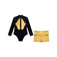 thumbnail image 3 of Doomiva Kids Girls Long Sleeve Shiny Gymnastic Dance Leotard Bodysuit Jumpsuit with Metallic Shorts Set Activewear Gold 14, 3 of 7