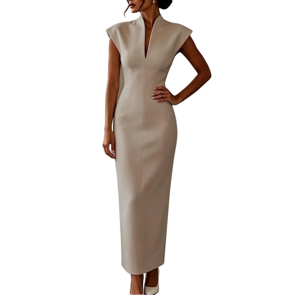 Ygbgbb Women Stand Collar Cap Sleeve Midi Bodycon Dress, Deep V‑Split Slim‑Fit Formal Dress for Cocktail Parties, Wedding Guest Khaki XL