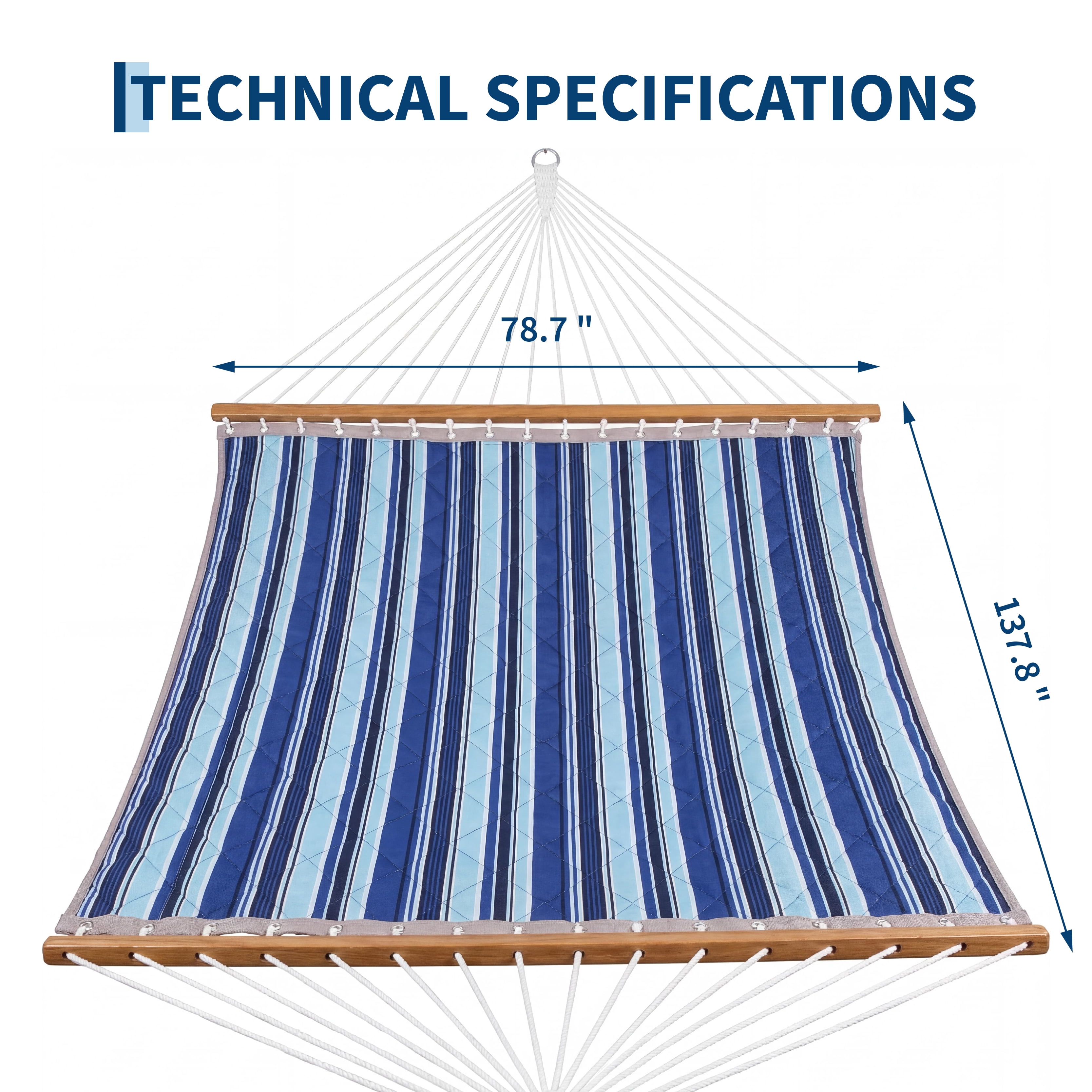 Quilted Fabric Hammock for 2 Person with Spreader Bar & Detachable Pillow, 450Lbs Capacity, Indoor Outdoor Hammocks for Patio Backyard Poolside Garden, Blue Striped